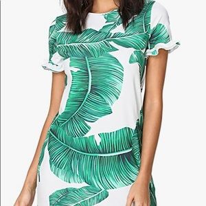 Palm Leaf Print Short Sleeve Summer Dress